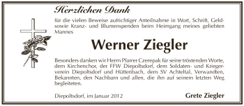 Traueranzeige von Werner Ziegler von Pegnitz-Zeitung